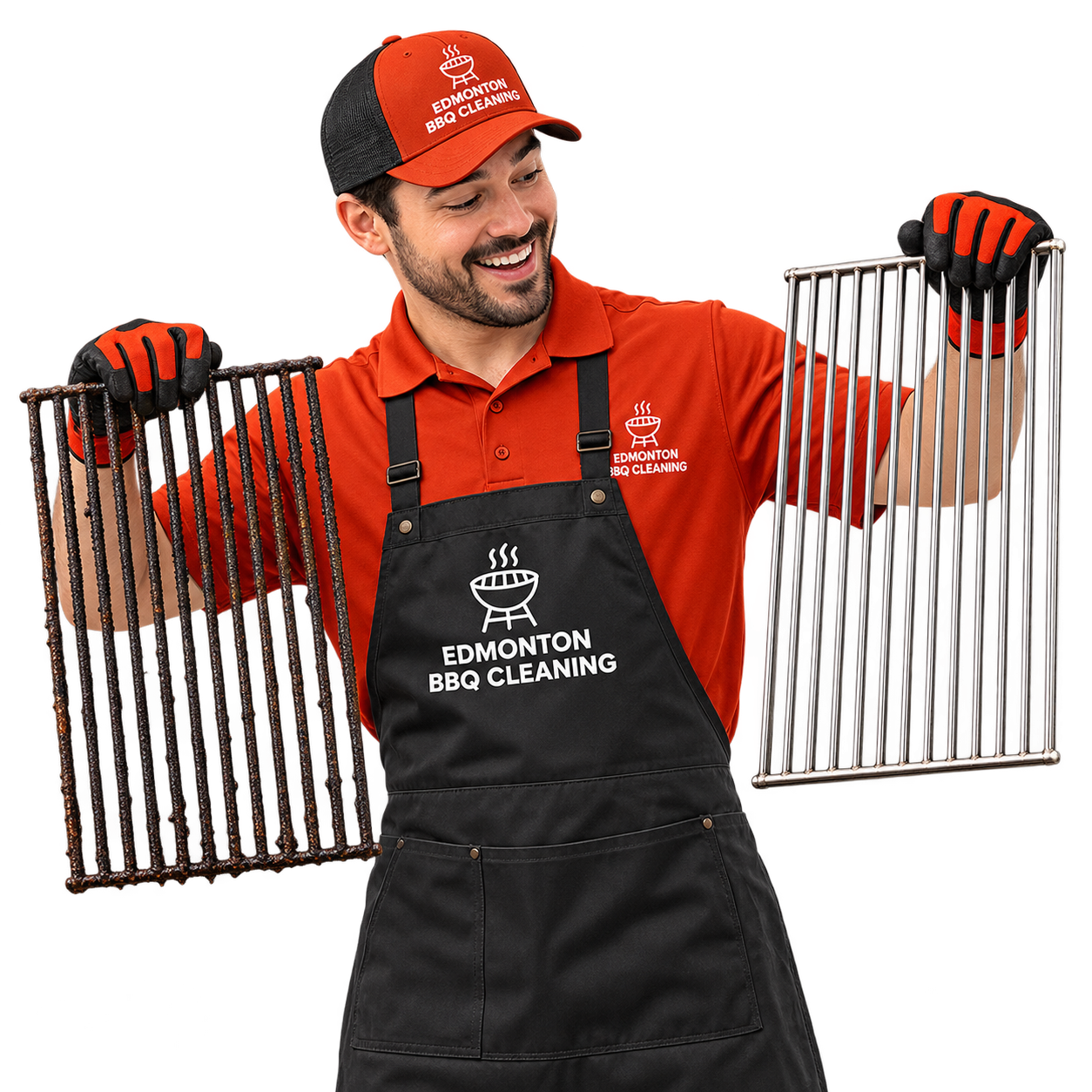 Edmonton BBQ Cleaning technician holding a greasy grate next to a freshly cleaned one